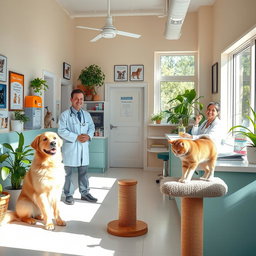 A lively and welcoming veterinary clinic interior, filled with happy pets and caring staff