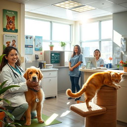 A lively and welcoming veterinary clinic interior, filled with happy pets and caring staff