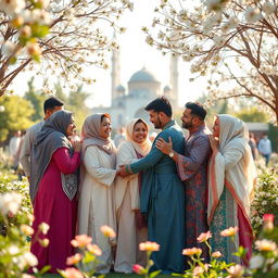 An emotive depiction of the phrase 'Love one another for the sake of Allah SWT