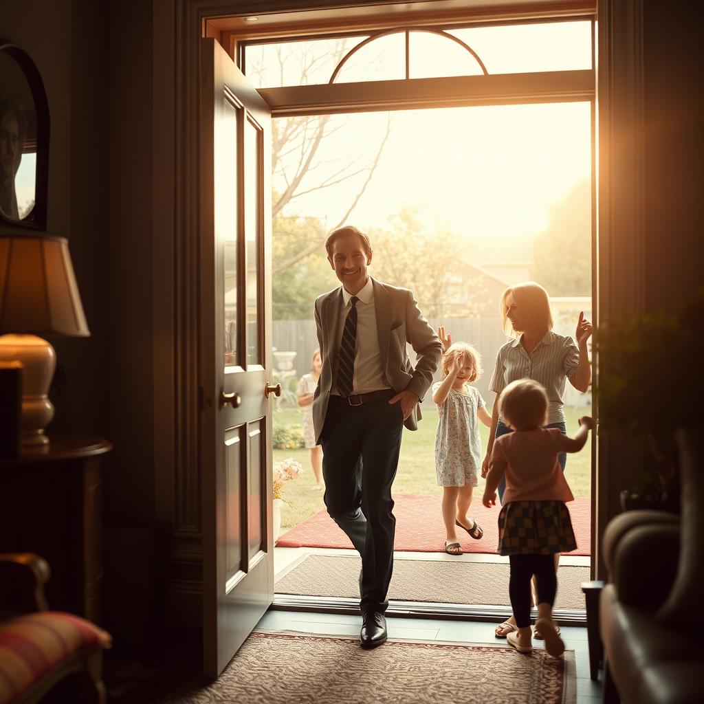 A scene depicting an individual leaving a cozy home filled with family warmth