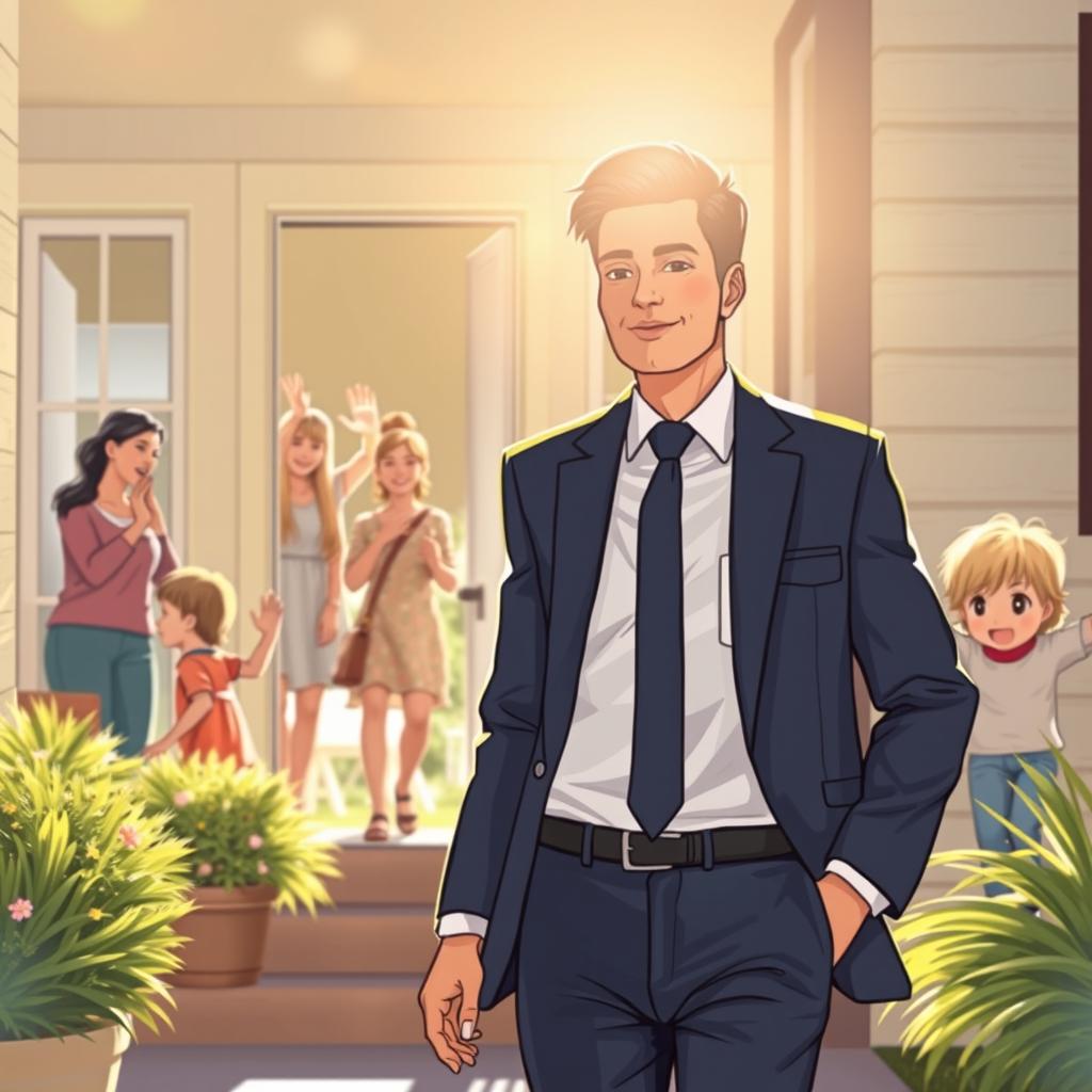 A scene illustrating an individual confidently leaving their family home, dressed in smart, professional attire