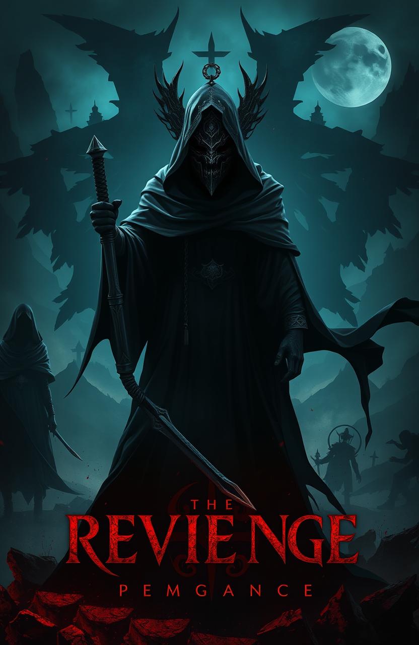 A dramatic and intense scene depicting the theme of revenge inspired by the concept of a "Dewa Pembunuh" (God of Assassins)