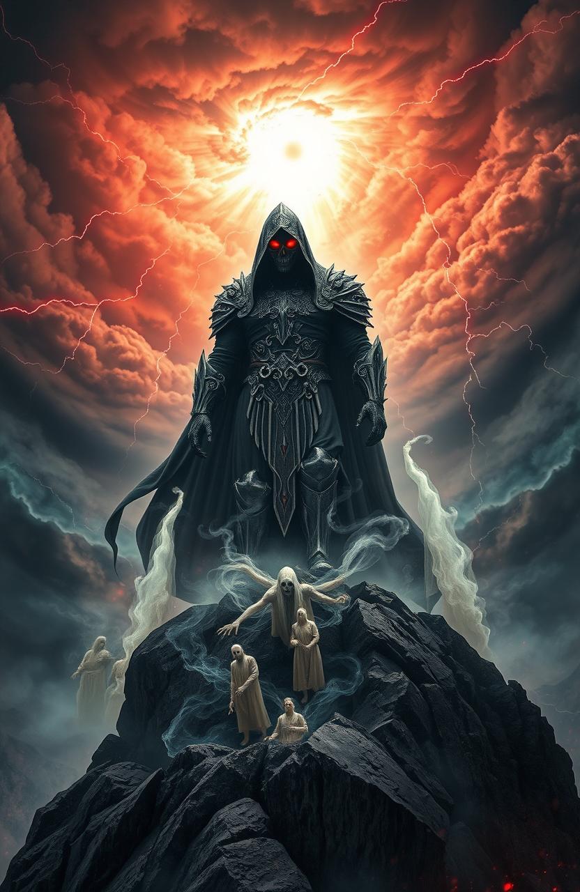 A powerful and majestic scene depicting the resurrection of a God of Death