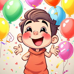 A humorous and cartoonish illustration of a playful and cheeky young cartoon character, with a vibrant background filled with colorful balloons and playful patterns