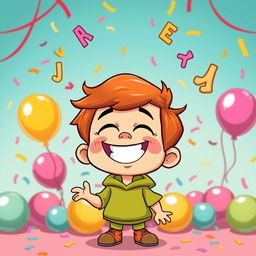 A humorous and cartoonish illustration of a playful and cheeky young cartoon character, with a vibrant background filled with colorful balloons and playful patterns