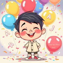 A humorous and cartoonish illustration of a playful and cheeky young cartoon character, with a vibrant background filled with colorful balloons and playful patterns