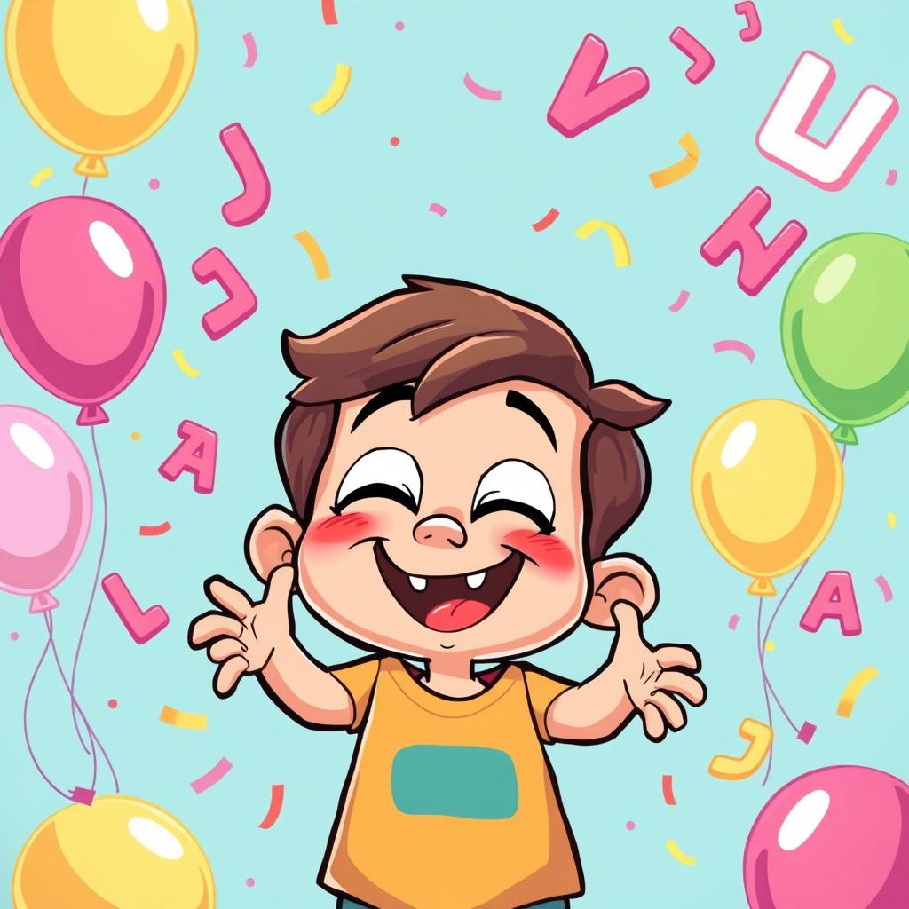 A humorous and cartoonish illustration of a playful and cheeky young cartoon character, with a vibrant background filled with colorful balloons and playful patterns