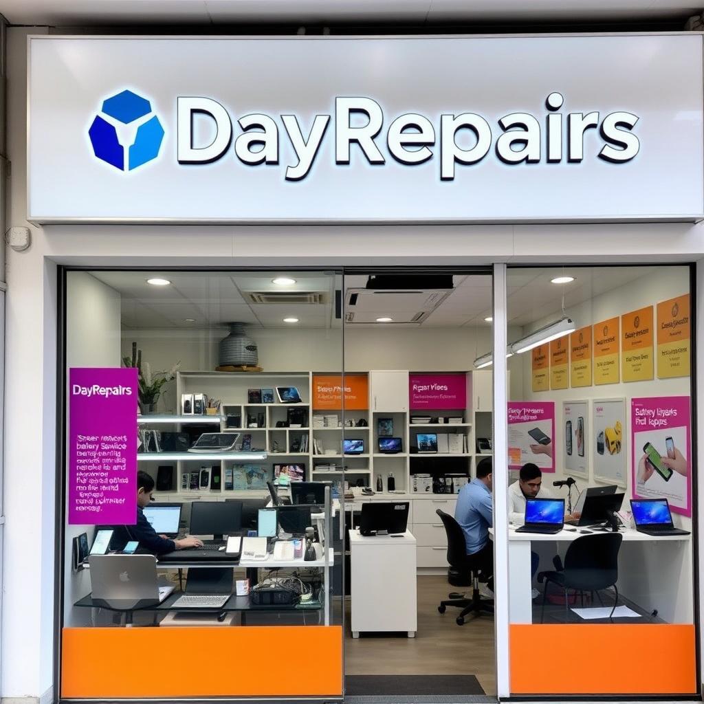 A vibrant and modern electronics repair shop named 'DayRepairs'
