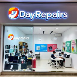 A vibrant and modern electronics repair shop named 'DayRepairs'