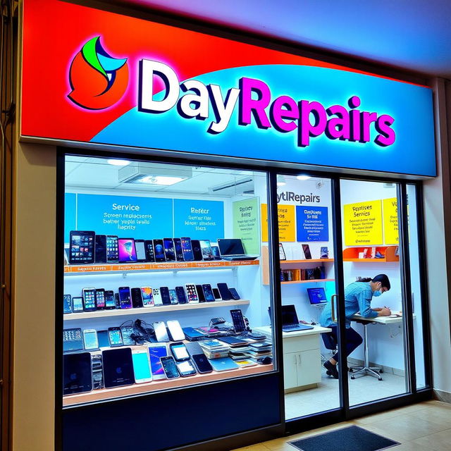 A vibrant and modern electronics repair shop named 'DayRepairs'