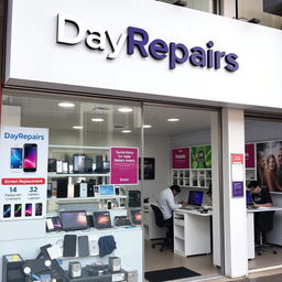 A vibrant and modern electronics repair shop named 'DayRepairs'