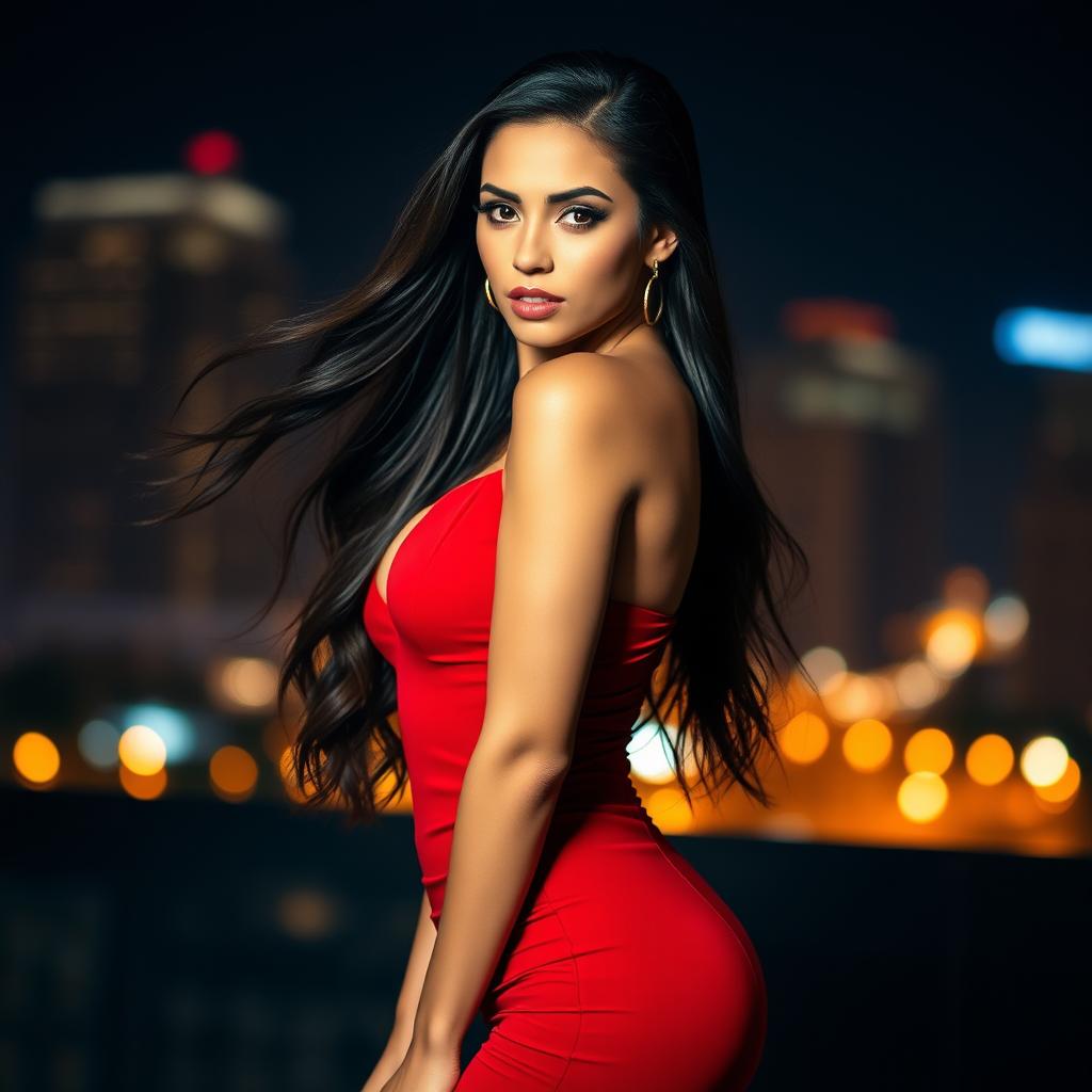 A stunning, attractive woman with long flowing hair, wearing a seductive, form-fitting red dress that accentuates her curves