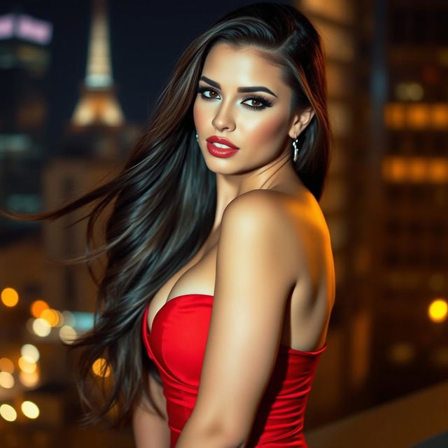 A stunning, attractive woman with long flowing hair, wearing a seductive, form-fitting red dress that accentuates her curves