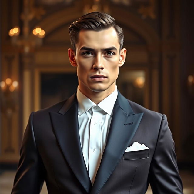 A stylish portrait of a model with an impeccable face, wearing an expensive, high-quality suit