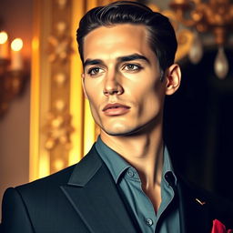 A stylish portrait of a model with an impeccable face, wearing an expensive, high-quality suit