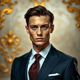A stylish portrait of a model with an impeccable face, wearing an expensive, high-quality suit