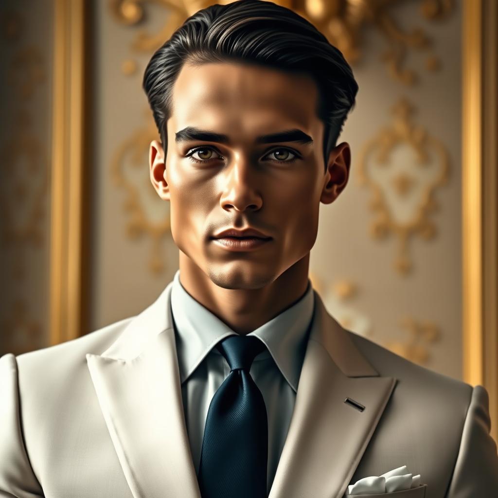 A stylish portrait of a model with an impeccable face, wearing an expensive, high-quality suit