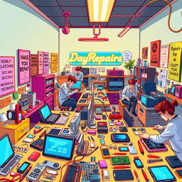 A vibrant and detailed illustration of an electronics repair workshop named 'DayRepairs'