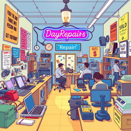 A vibrant and detailed illustration of an electronics repair workshop named 'DayRepairs'