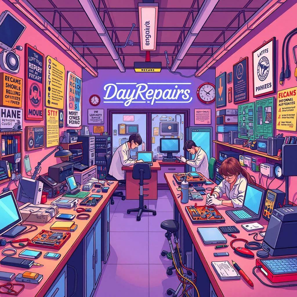 A vibrant and detailed illustration of an electronics repair workshop named 'DayRepairs'