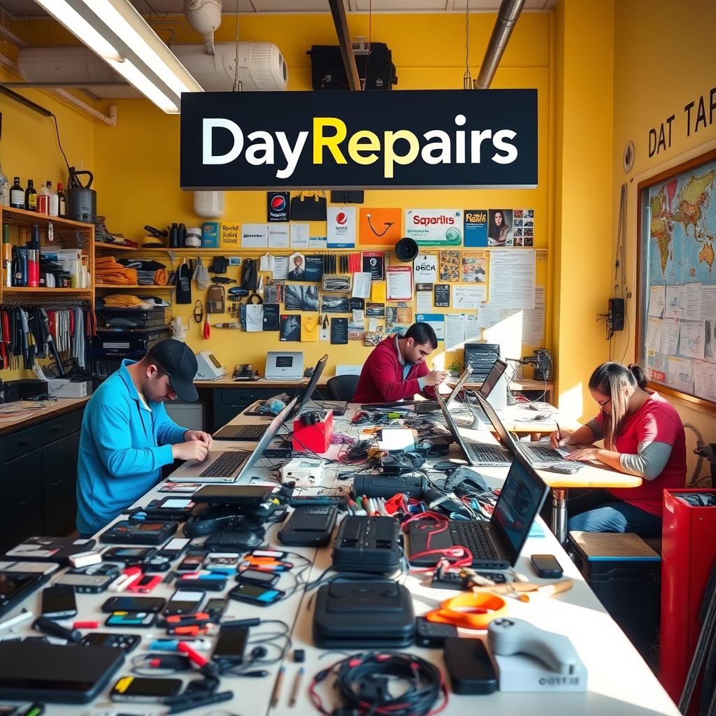 An inviting and vibrant electronic repair workshop, branded with a prominent sign saying 'DayRepairs'