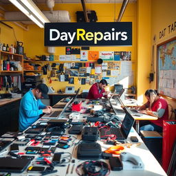 An inviting and vibrant electronic repair workshop, branded with a prominent sign saying 'DayRepairs'