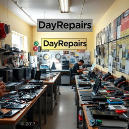 An inviting and vibrant electronic repair workshop, branded with a prominent sign saying 'DayRepairs'
