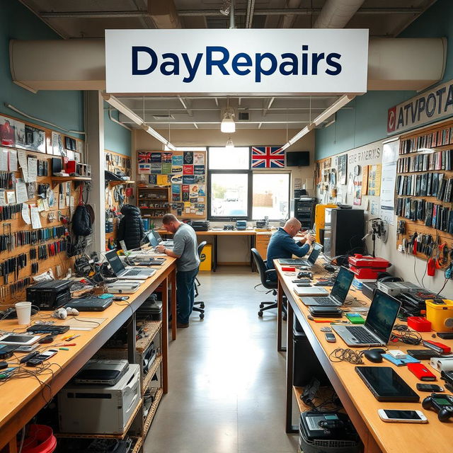 An inviting and vibrant electronic repair workshop, branded with a prominent sign saying 'DayRepairs'