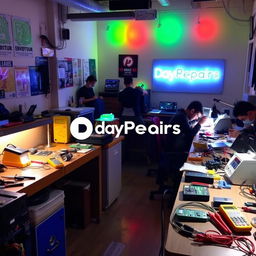 A vibrant and dynamic electronic repair workshop named 'DayRepairs'