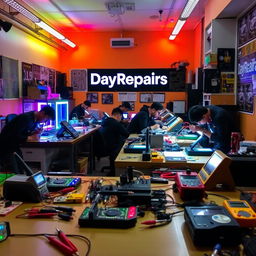 A vibrant and dynamic electronic repair workshop named 'DayRepairs'