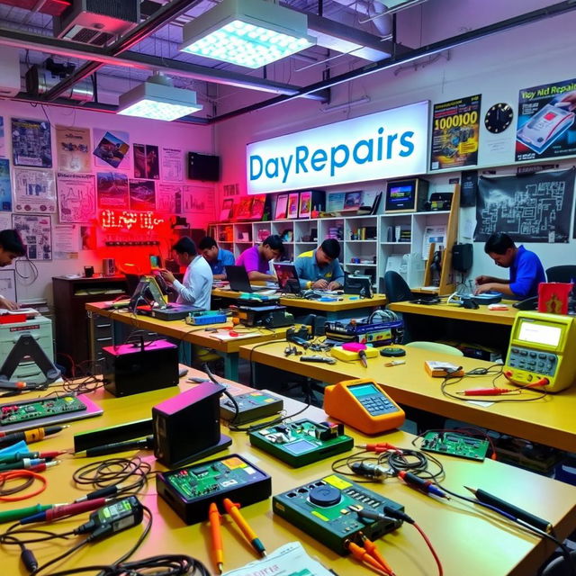 A vibrant and dynamic electronic repair workshop named 'DayRepairs'