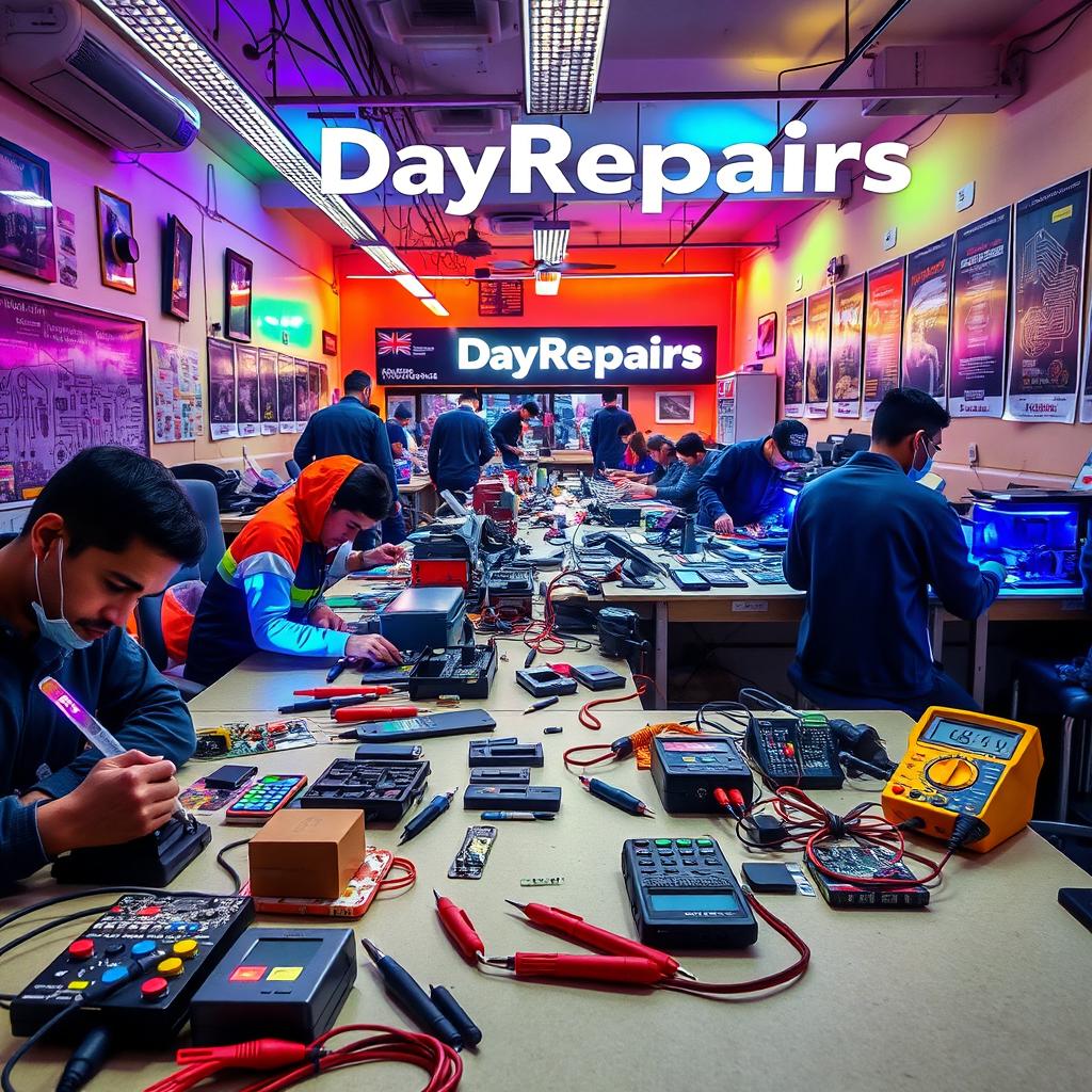 A vibrant and dynamic electronic repair workshop named 'DayRepairs'