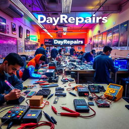 A vibrant and dynamic electronic repair workshop named 'DayRepairs'
