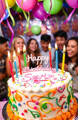 An image featuring a beautifully decorated birthday cake with vibrant colors and intricate frosting designs