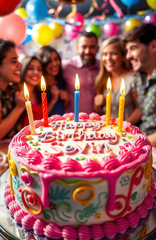 An image featuring a beautifully decorated birthday cake with vibrant colors and intricate frosting designs