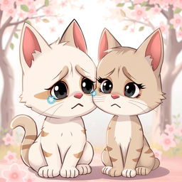 A cute cartoon cat crying with a very sad expression, pleading for forgiveness from his girlfriend cat