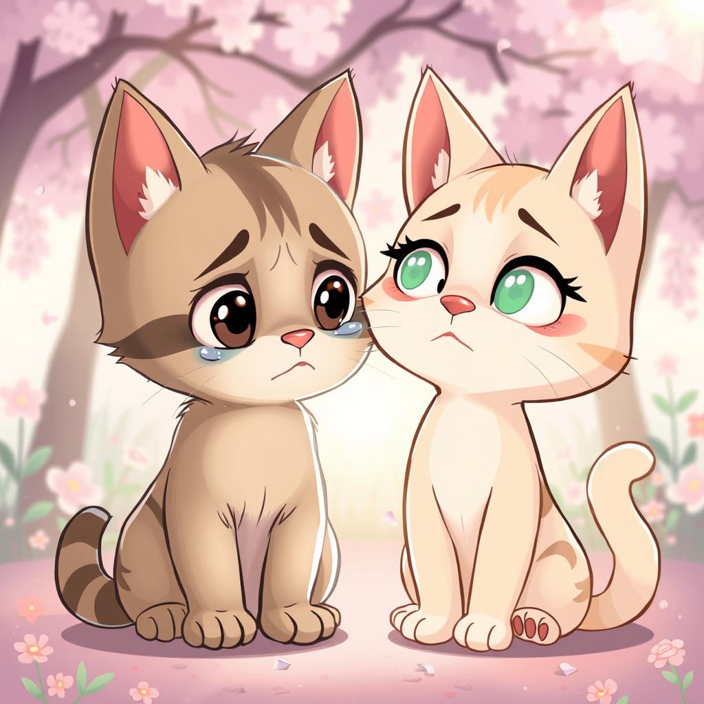 A cute cartoon cat crying with a very sad expression, pleading for forgiveness from his girlfriend cat