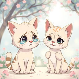 A cute cartoon cat crying with a very sad expression, pleading for forgiveness from his girlfriend cat