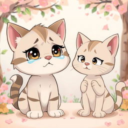 A cute cartoon cat crying with a very sad expression, pleading for forgiveness from his girlfriend cat