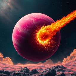 A stunning scene depicting a magenta planet being spectacularly crushed by an enormous orange comet