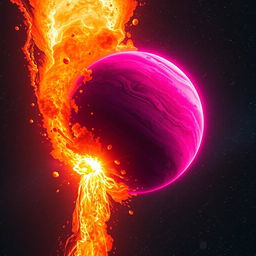 A stunning scene depicting a magenta planet being spectacularly crushed by an enormous orange comet