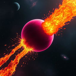 A stunning scene depicting a magenta planet being spectacularly crushed by an enormous orange comet