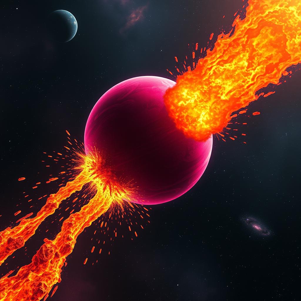 A stunning scene depicting a magenta planet being spectacularly crushed by an enormous orange comet