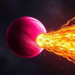 A stunning scene depicting a magenta planet being spectacularly crushed by an enormous orange comet