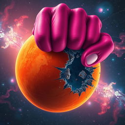 An incredibly dynamic scene showcasing a massive magenta fist shattering an orange planet