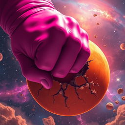 An incredibly dynamic scene showcasing a massive magenta fist shattering an orange planet