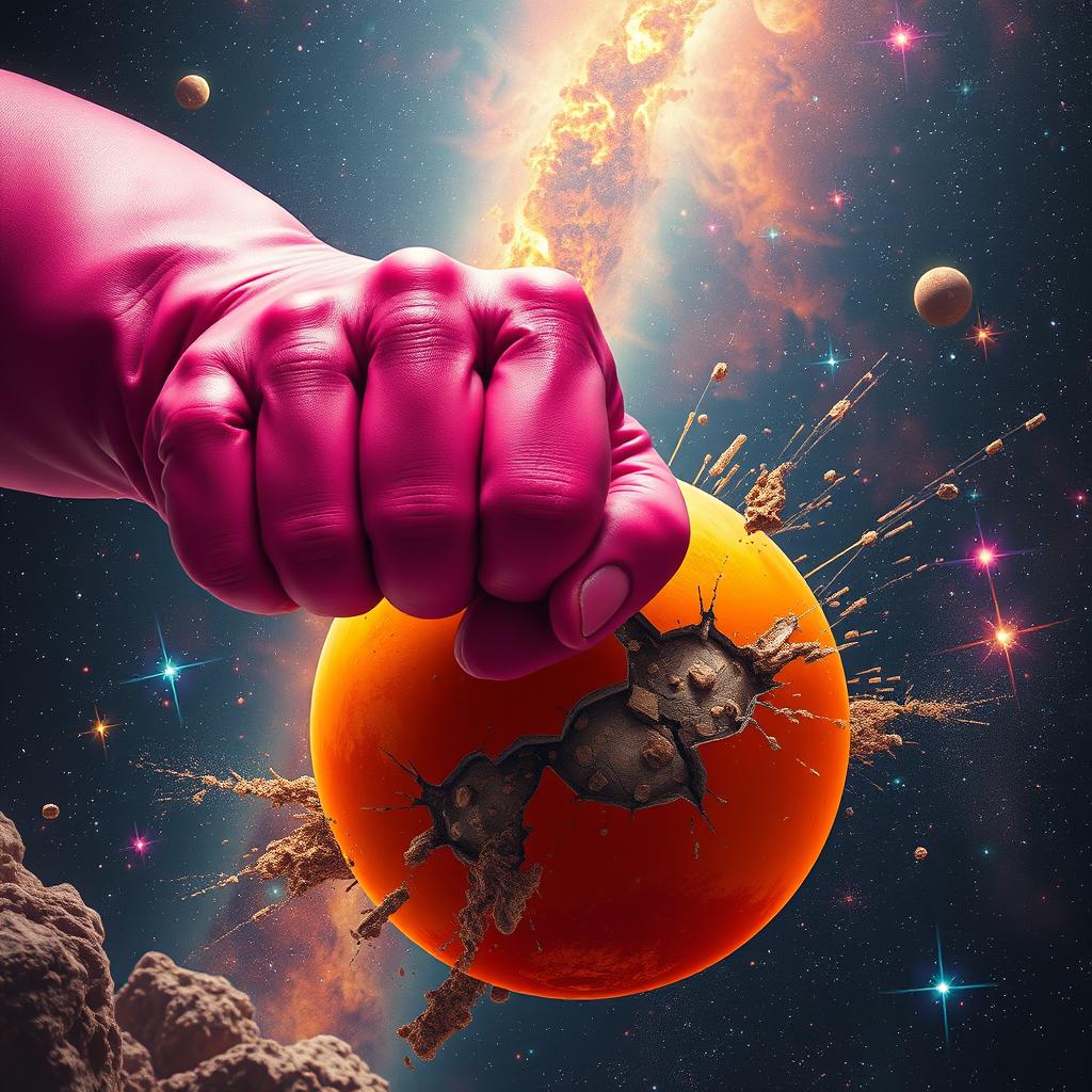 An incredibly dynamic scene showcasing a massive magenta fist shattering an orange planet