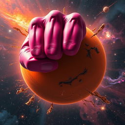 An incredibly dynamic scene showcasing a massive magenta fist shattering an orange planet