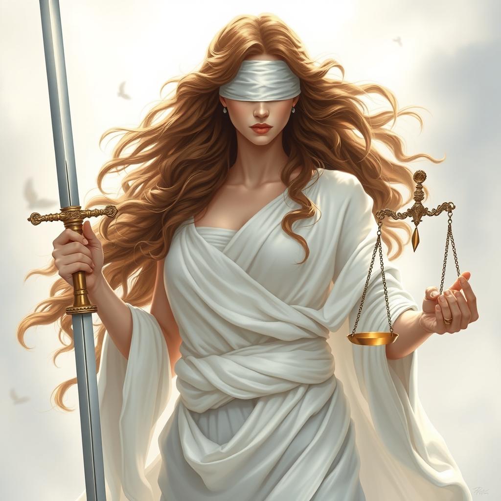 A striking depiction of a white goddess with long, flowing brown wavy hair