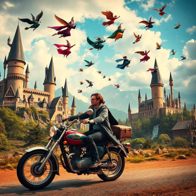 A magical scene set in a Harry Potter universe background, featuring a vibrant and enchanting landscape from the wizarding world, complete with soaring towers, whimsical architecture, and mystical skies